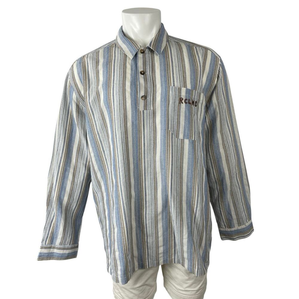 Reclaimed Vintage Men's Blue Striped Long Sleeve Henley Button Front Shirt L